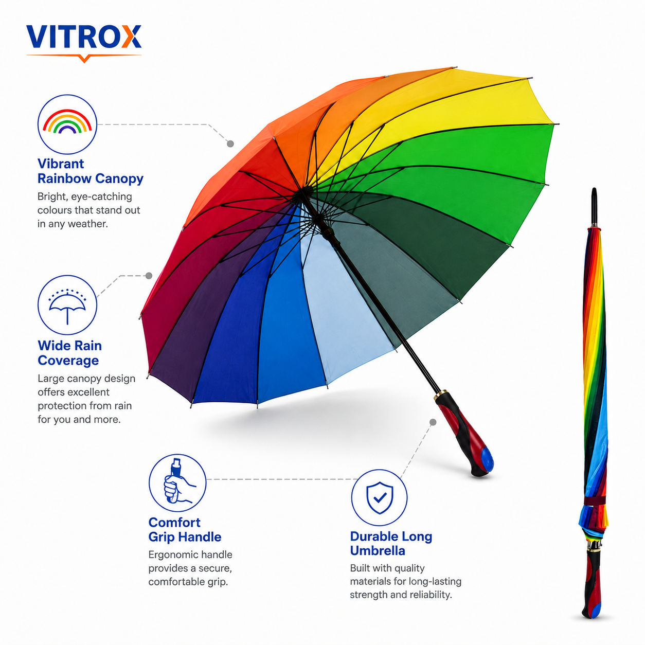 Colourful Rainbow Long Umbrella – Full Size Rain Umbrella