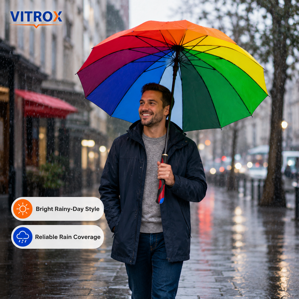 Colourful Rainbow Long Umbrella – Full Size Rain Umbrella