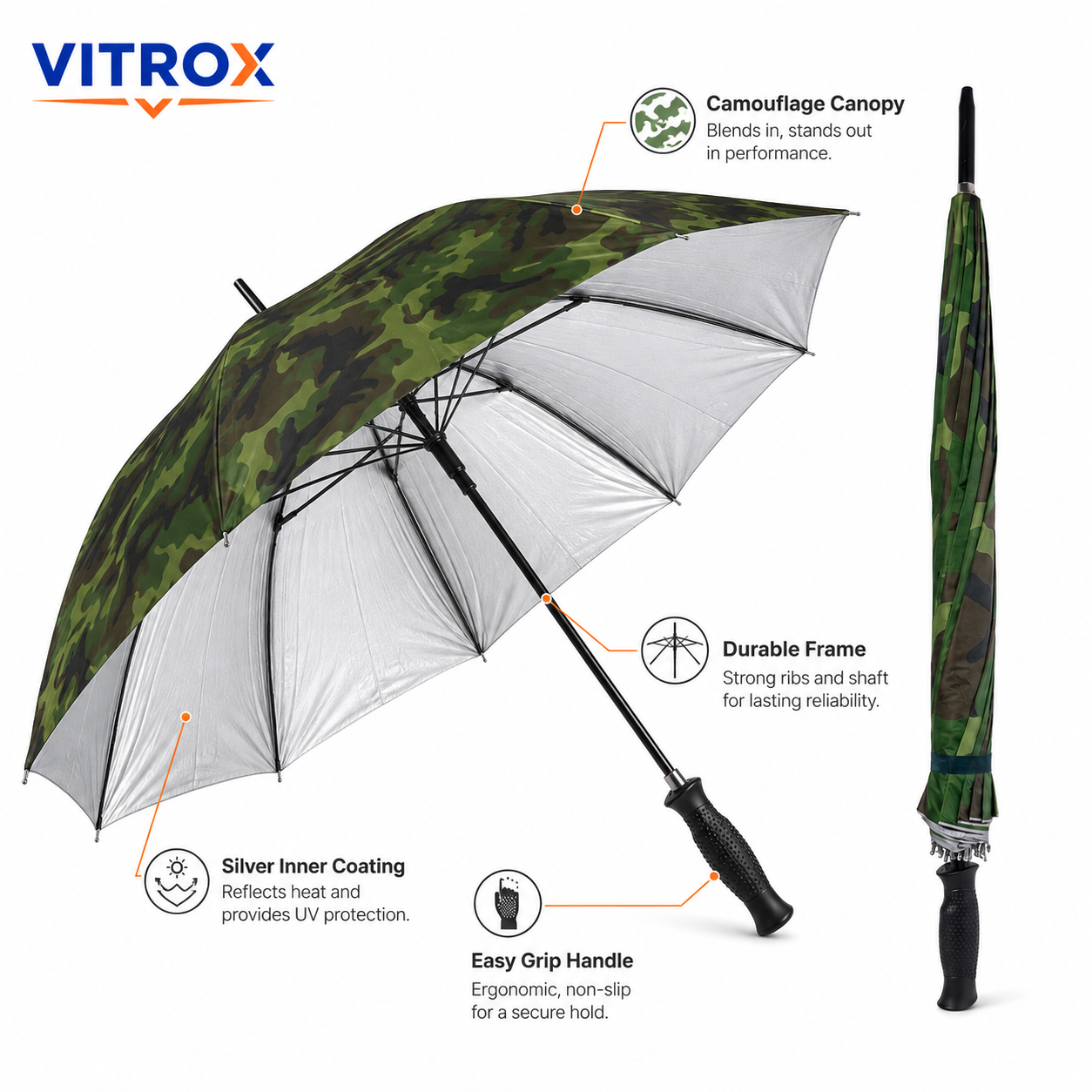 Camouflage Long Umbrella with Silver Inner Layer & Comfort Grip