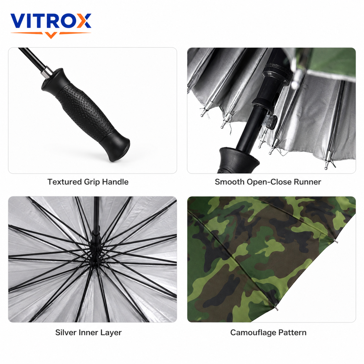 Camouflage Long Umbrella with Silver Inner Layer & Comfort Grip