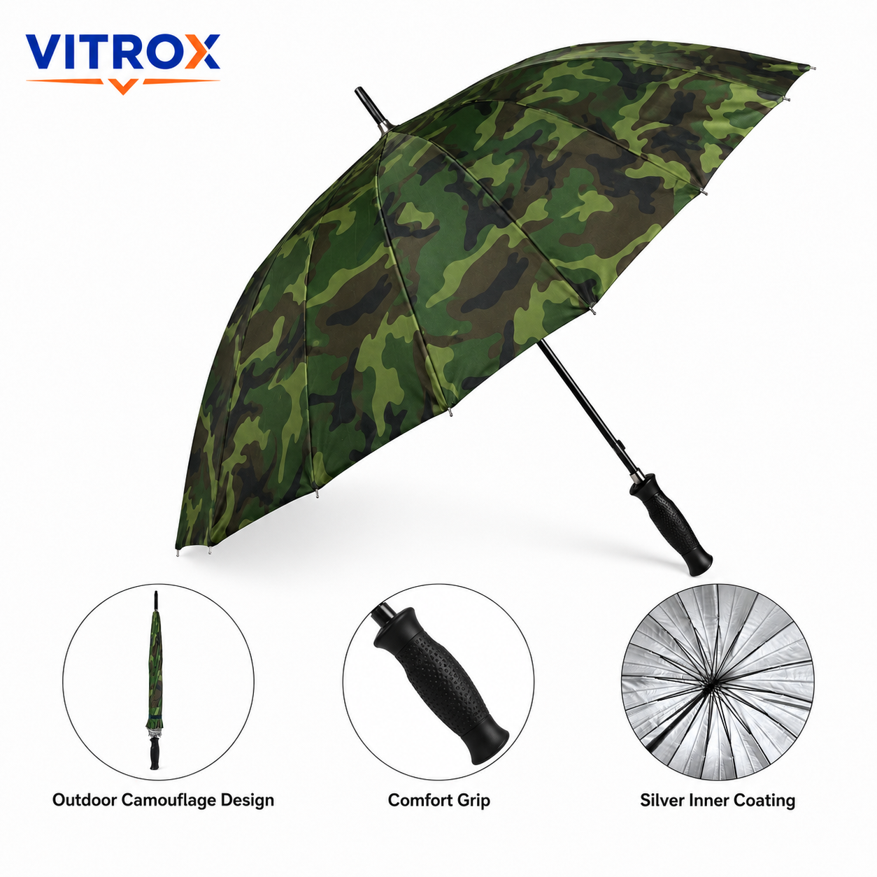 Camouflage Long Umbrella with Silver Inner Layer & Comfort Grip