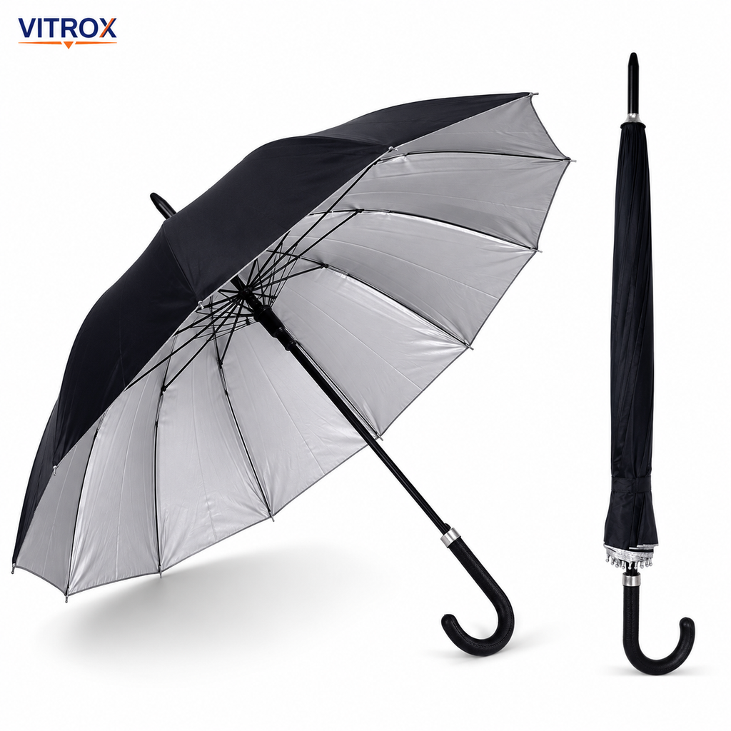 Classic Long Umbrella with Silver Inner Coating & Hook Handle – Black