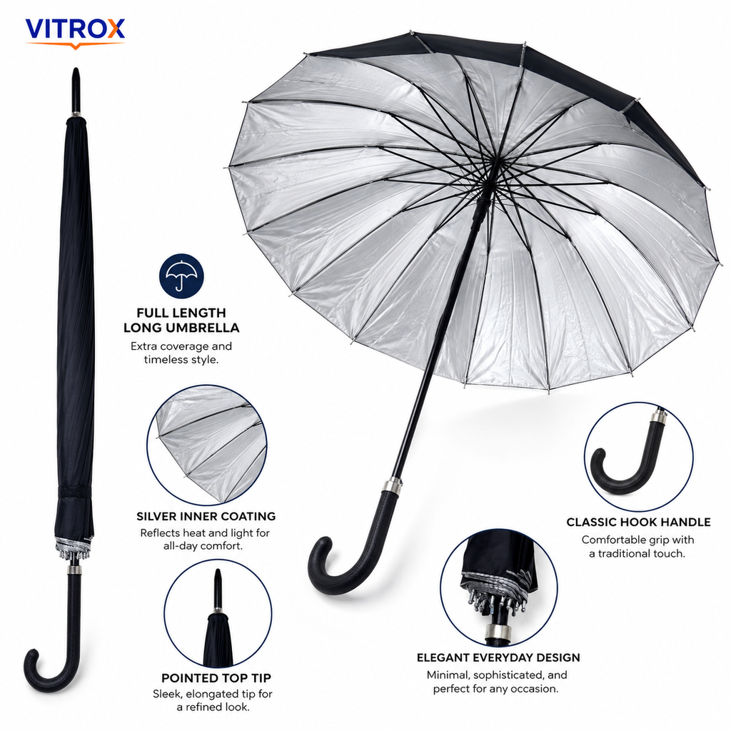Classic Long Umbrella with Silver Inner Coating & Hook Handle – Black