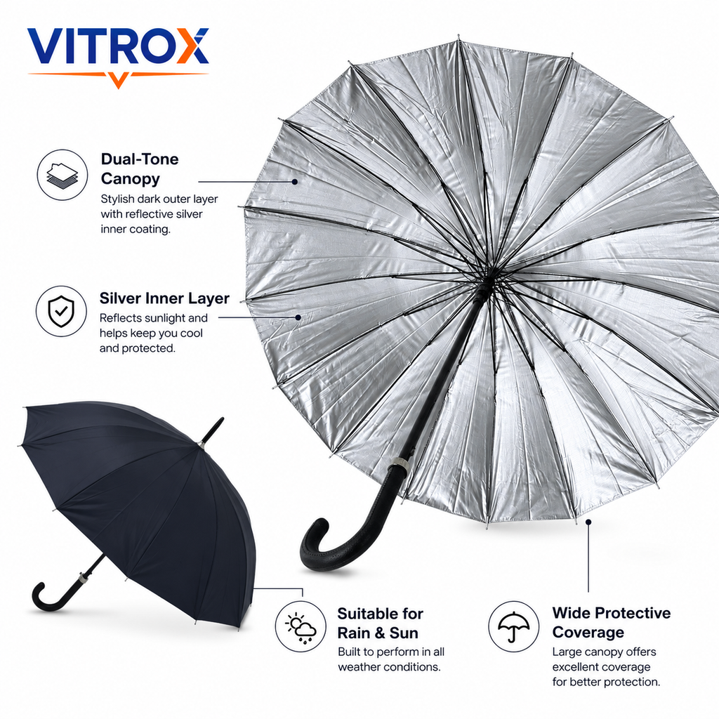 Classic Long Umbrella with Silver Inner Coating & Hook Handle – Black