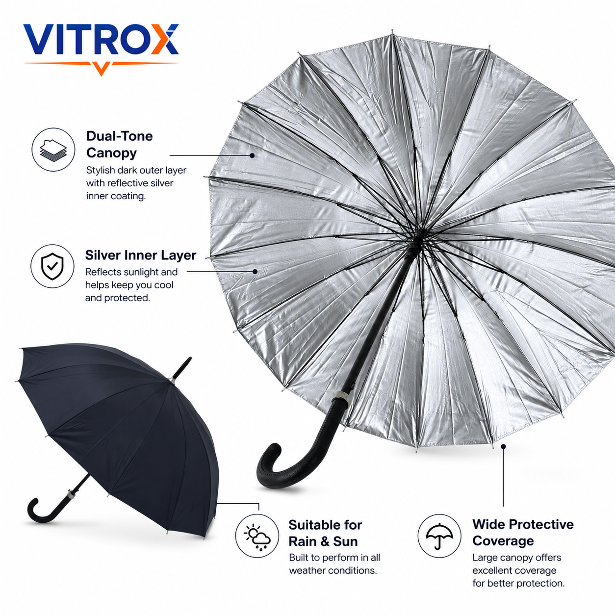 Classic Long Umbrella with Silver Inner Coating & Hook Handle – Black