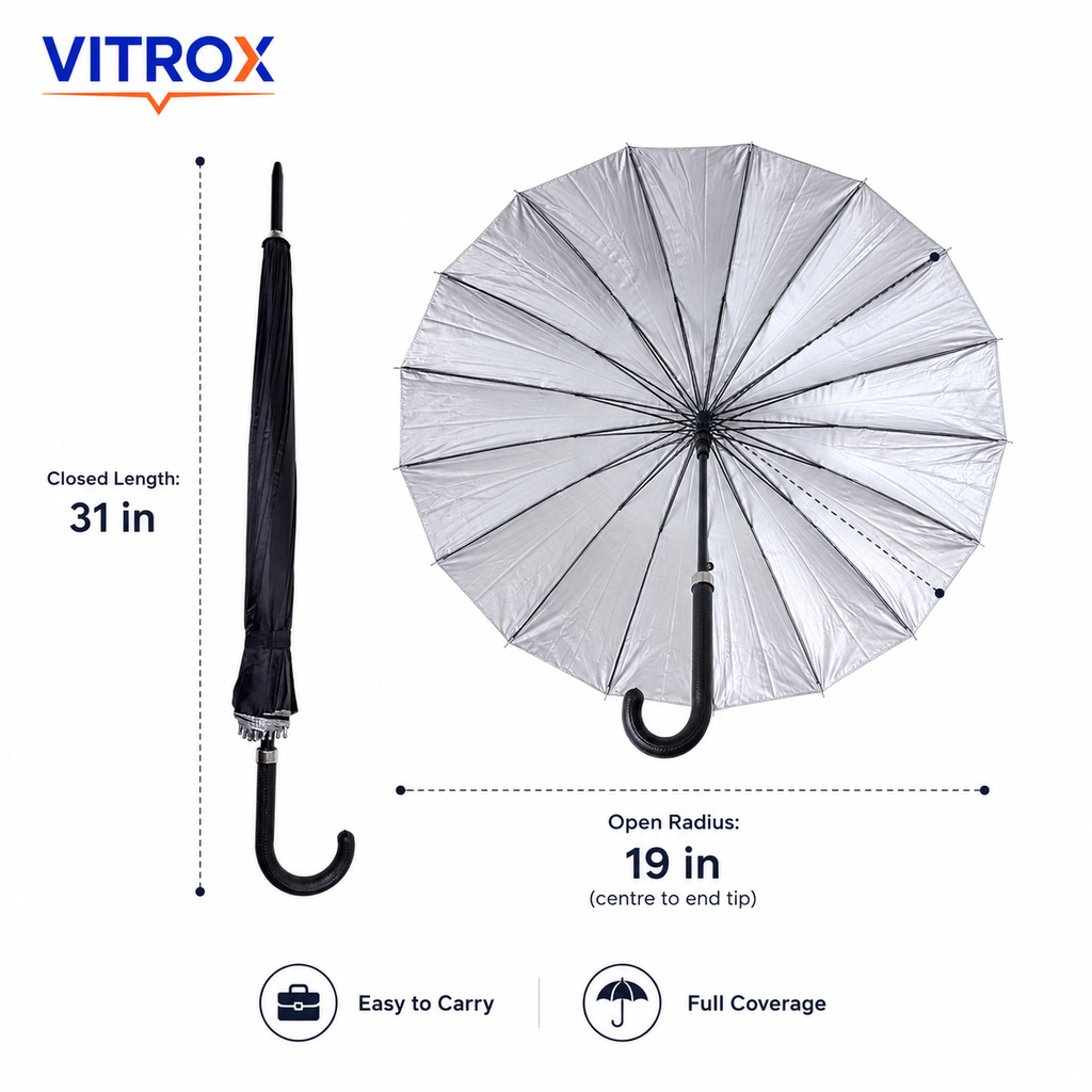 Classic Long Umbrella with Silver Inner Coating & Hook Handle – Black