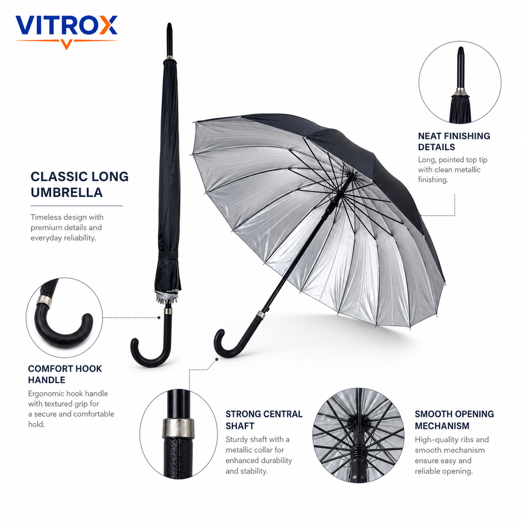 Classic Long Umbrella with Silver Inner Coating & Hook Handle – Black