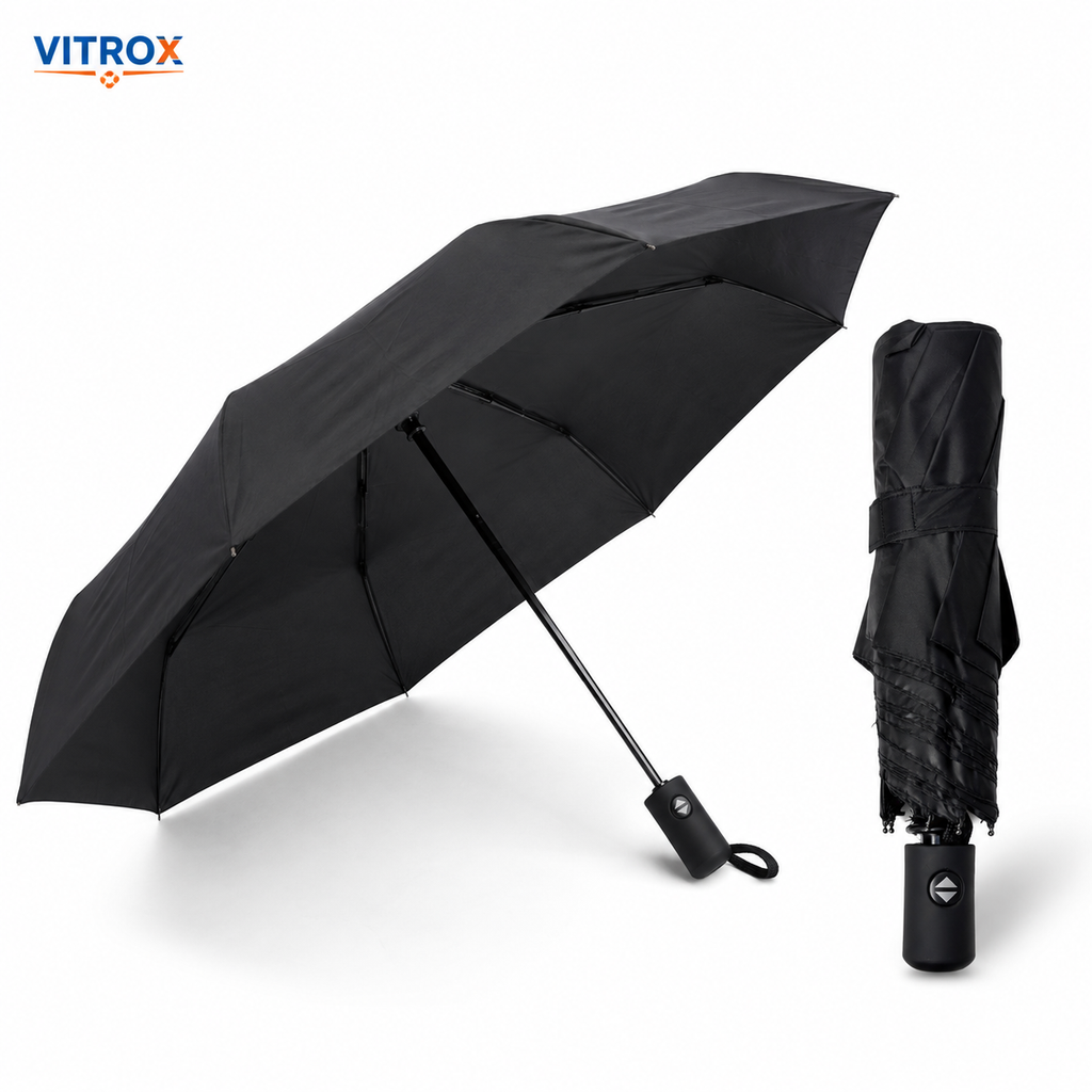 Compact Automatic Open & Semi-Automatic Close Folding Umbrella with Storage Cover & Wrist Strap – Black