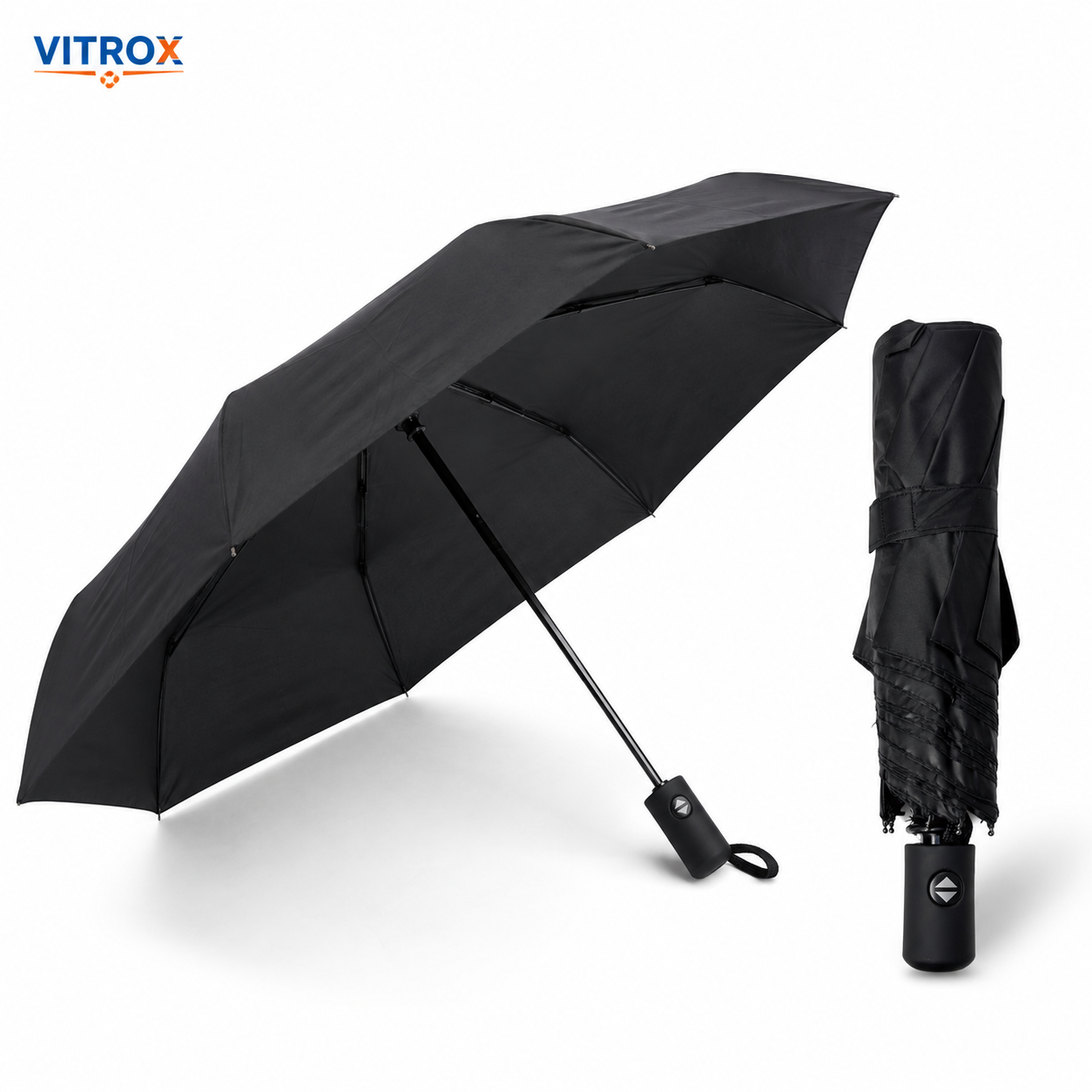Compact Automatic Open & Semi-Automatic Close Folding Umbrella with Storage Cover & Wrist Strap – Black