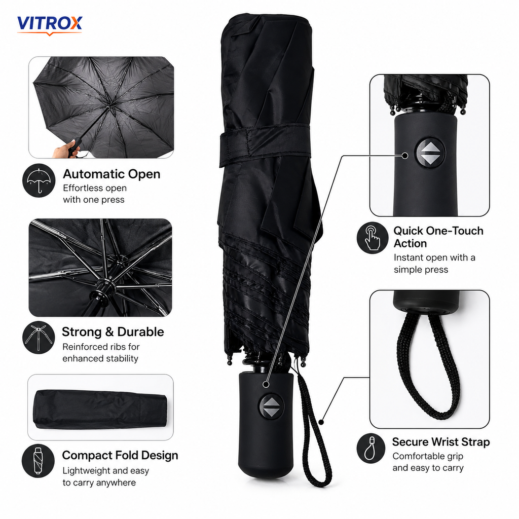 Compact Automatic Open & Semi-Automatic Close Folding Umbrella with Storage Cover & Wrist Strap – Black