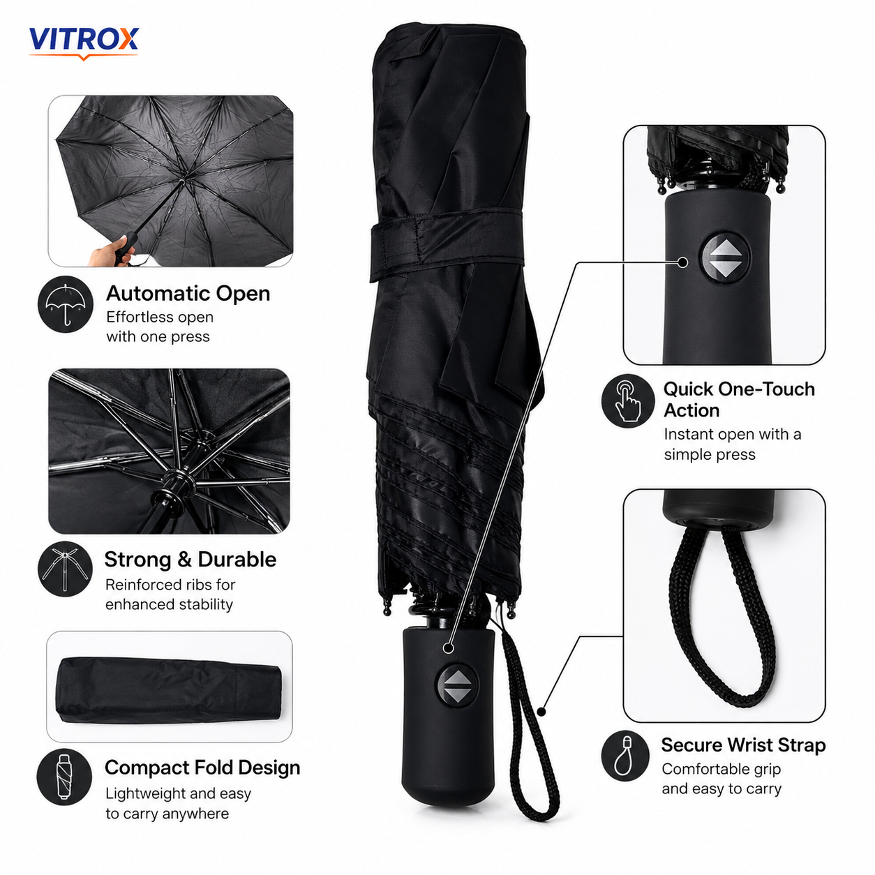 Compact Automatic Open & Semi-Automatic Close Folding Umbrella with Storage Cover & Wrist Strap – Black