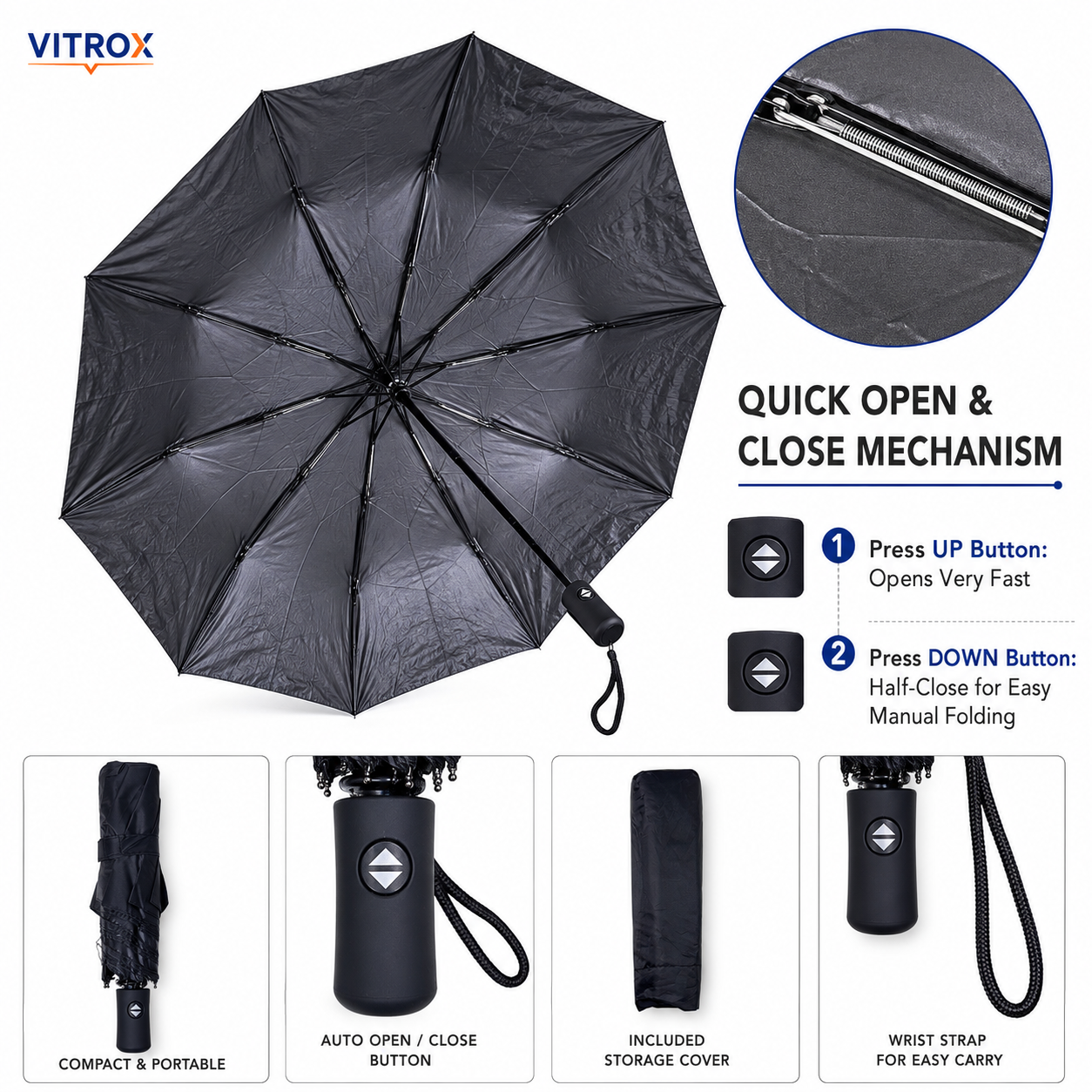 Compact Automatic Open & Semi-Automatic Close Folding Umbrella with Storage Cover & Wrist Strap – Black