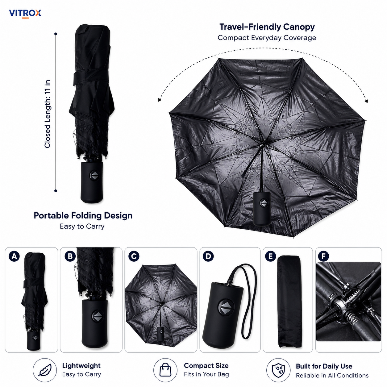 Compact Automatic Open & Semi-Automatic Close Folding Umbrella with Storage Cover & Wrist Strap – Black
