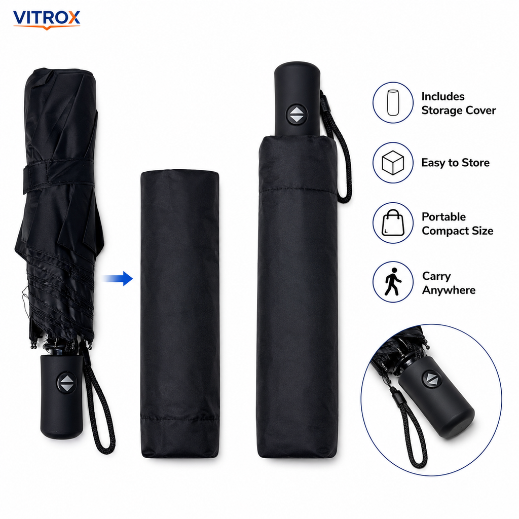 Compact Automatic Open & Semi-Automatic Close Folding Umbrella with Storage Cover & Wrist Strap – Black