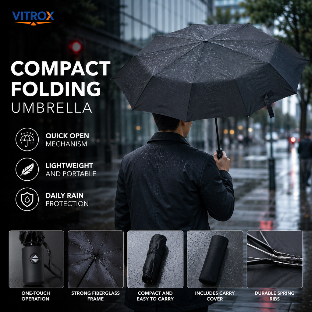 Compact Automatic Open & Semi-Automatic Close Folding Umbrella with Storage Cover & Wrist Strap – Black