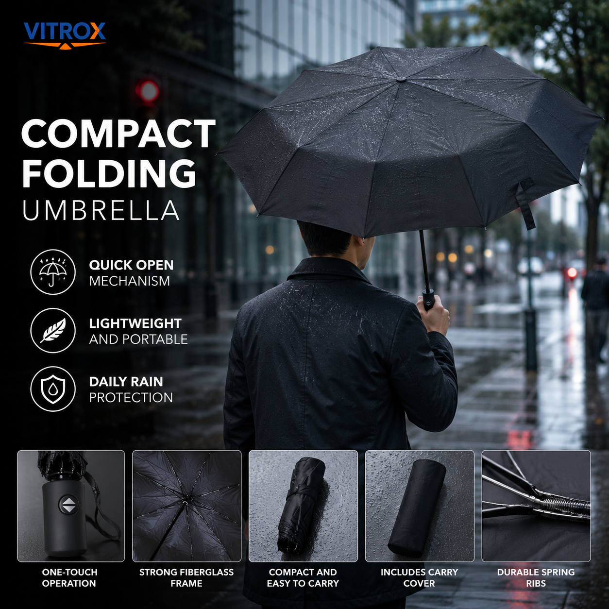 Compact Automatic Open & Semi-Automatic Close Folding Umbrella with Storage Cover & Wrist Strap – Black