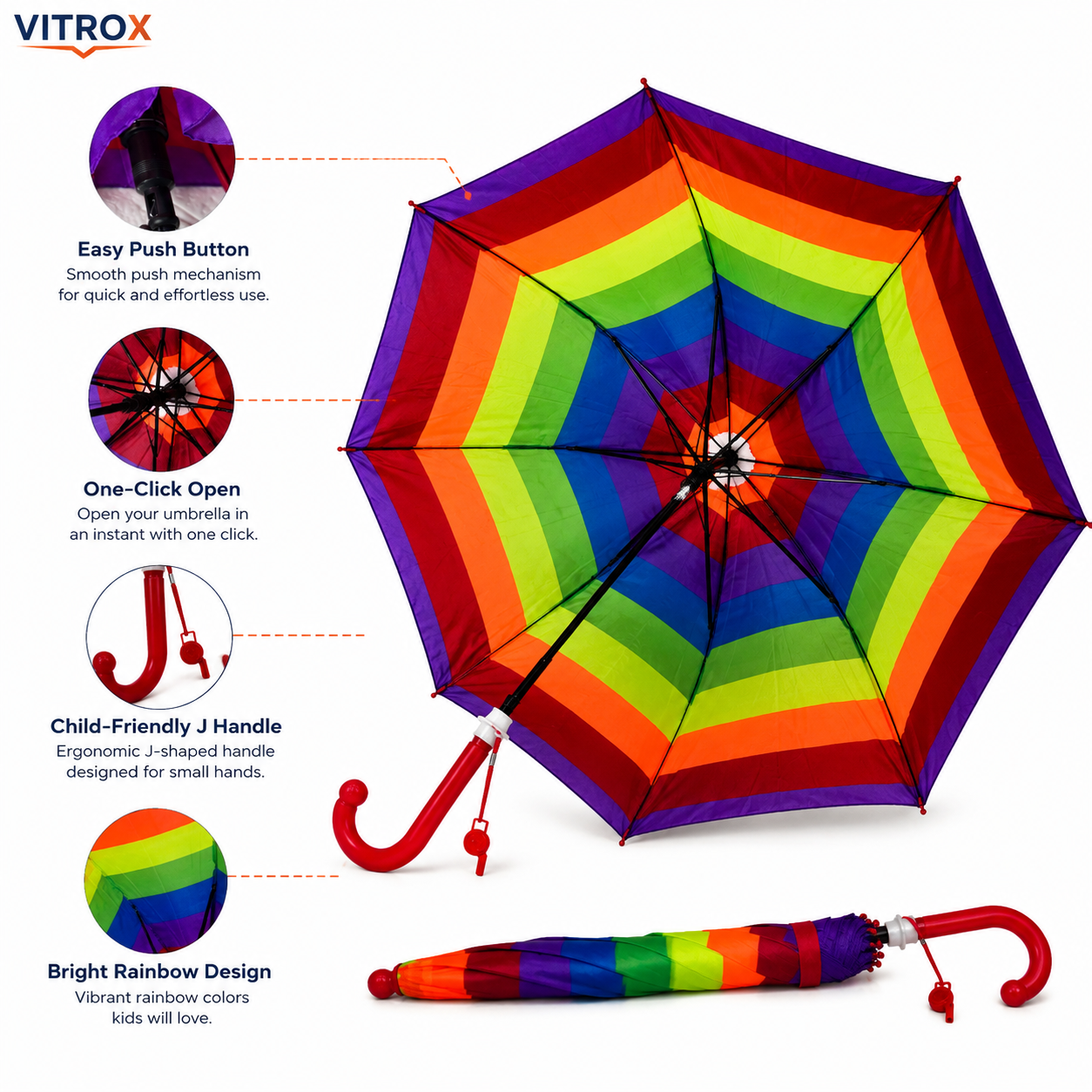 Kids Rainbow Umbrella with Easy Push Button – School Rain Umbrella