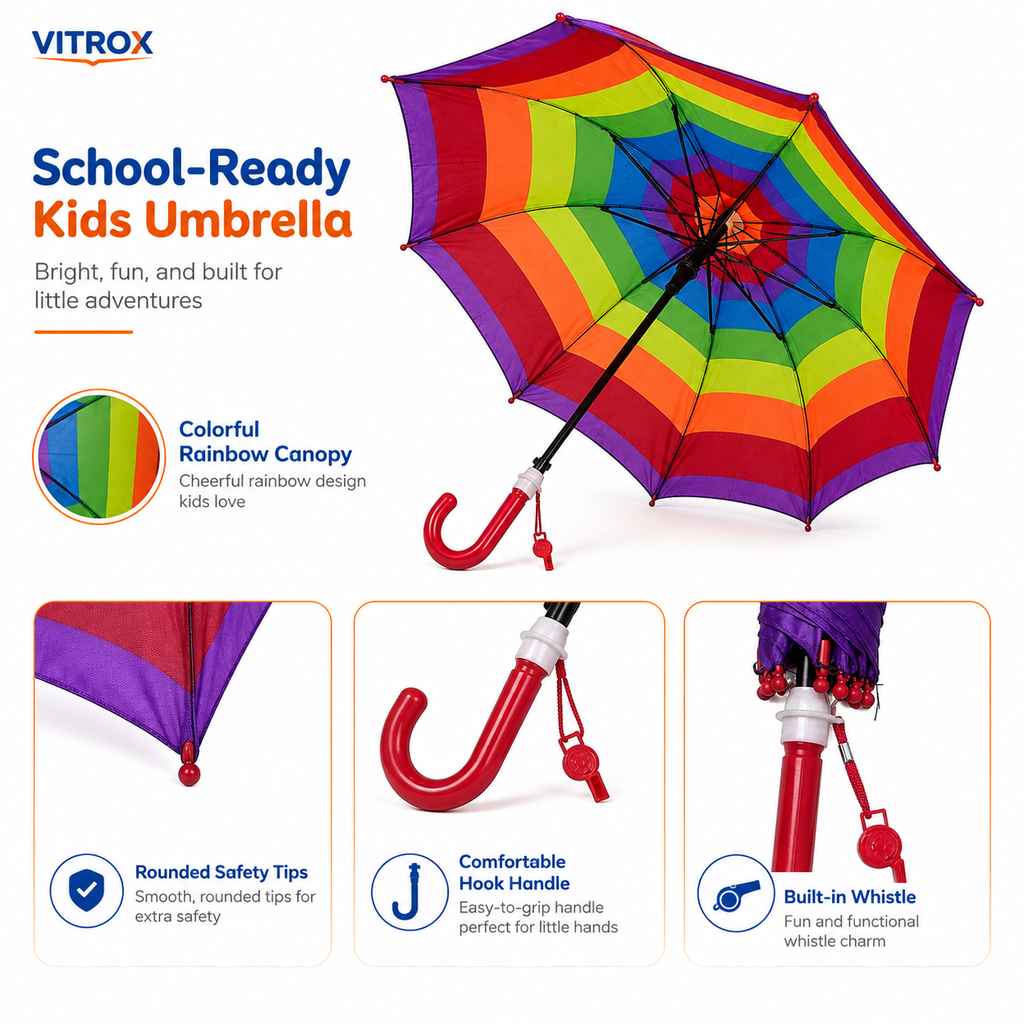 Kids Rainbow Umbrella with Easy Push Button – School Rain Umbrella