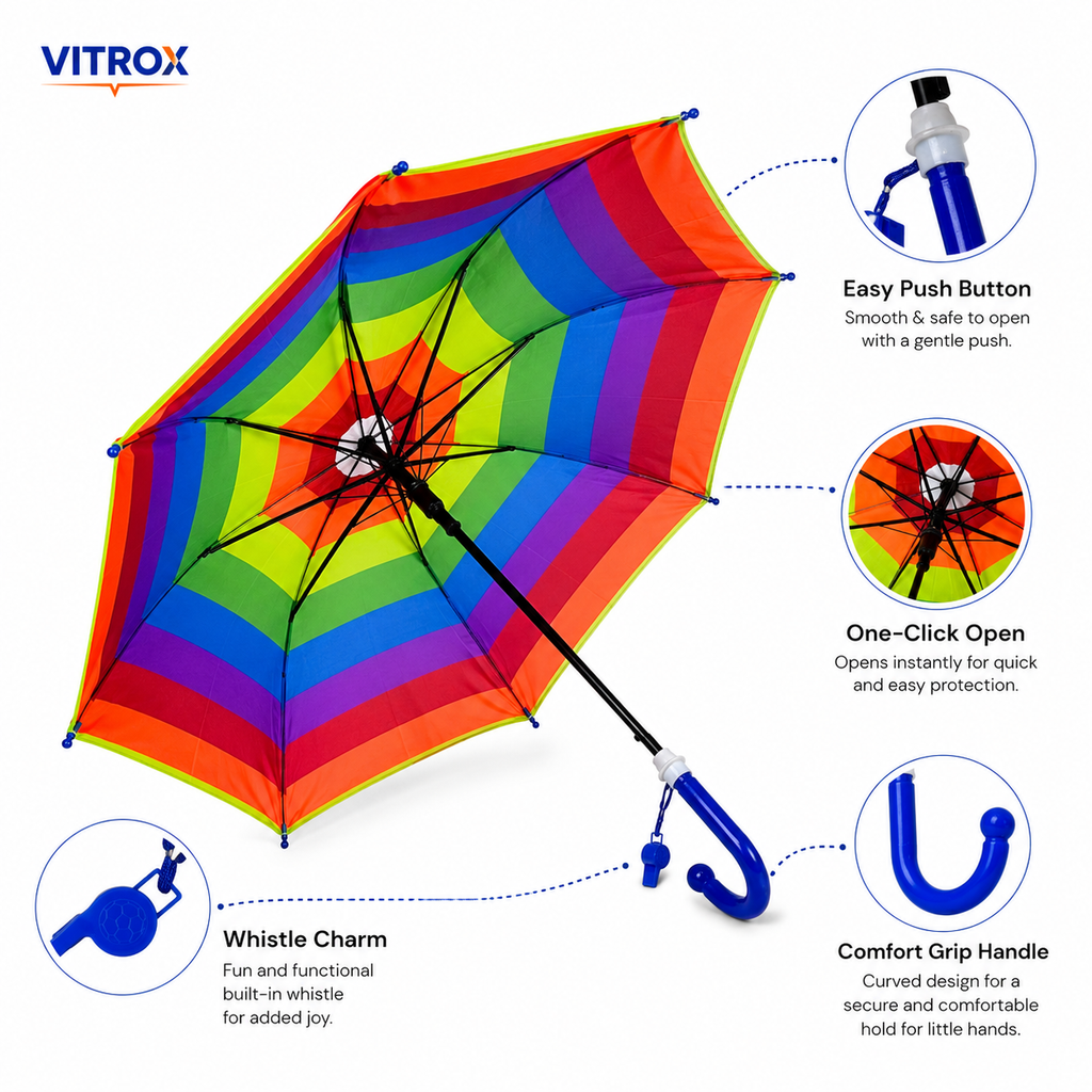 Kids Rainbow Umbrella with Easy Push Button - school Rain Umbrella