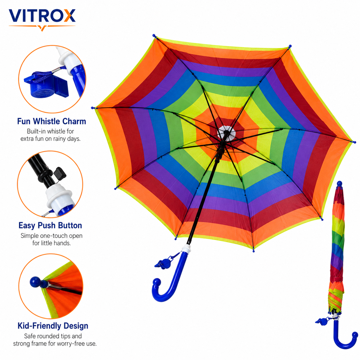 Kids Rainbow Umbrella with Easy Push Button - school Rain Umbrella