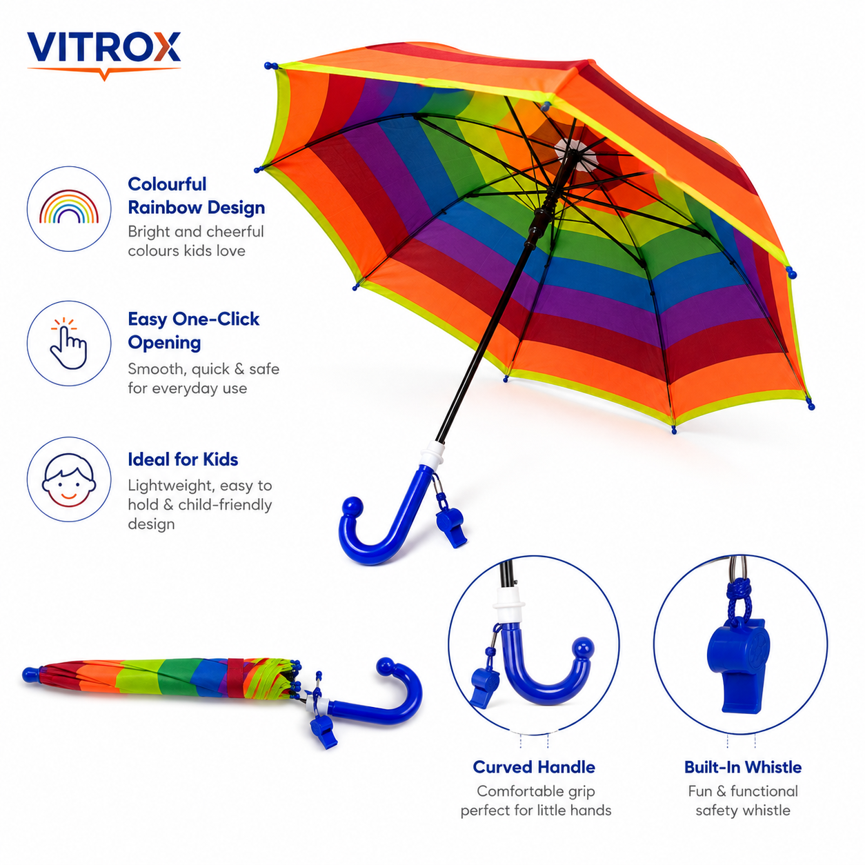 Kids Rainbow Umbrella with Easy Push Button - school Rain Umbrella