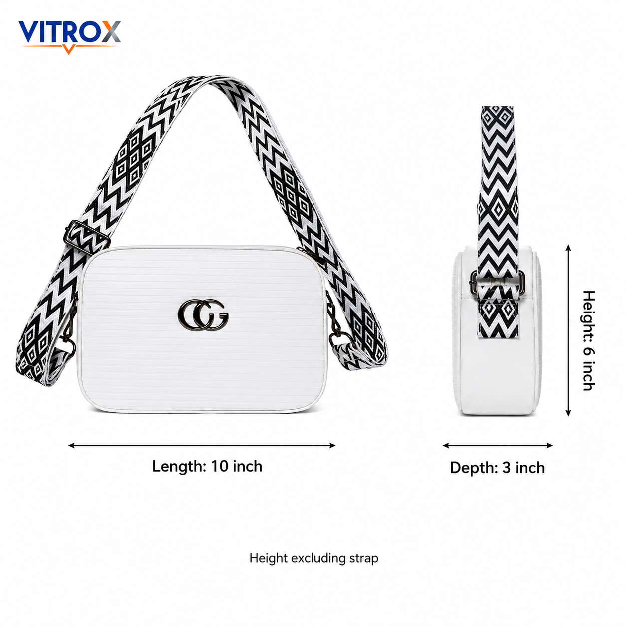 Vitrox White Ribbed Ladies Crossbody Bag with Adjustable Patterned Strap
