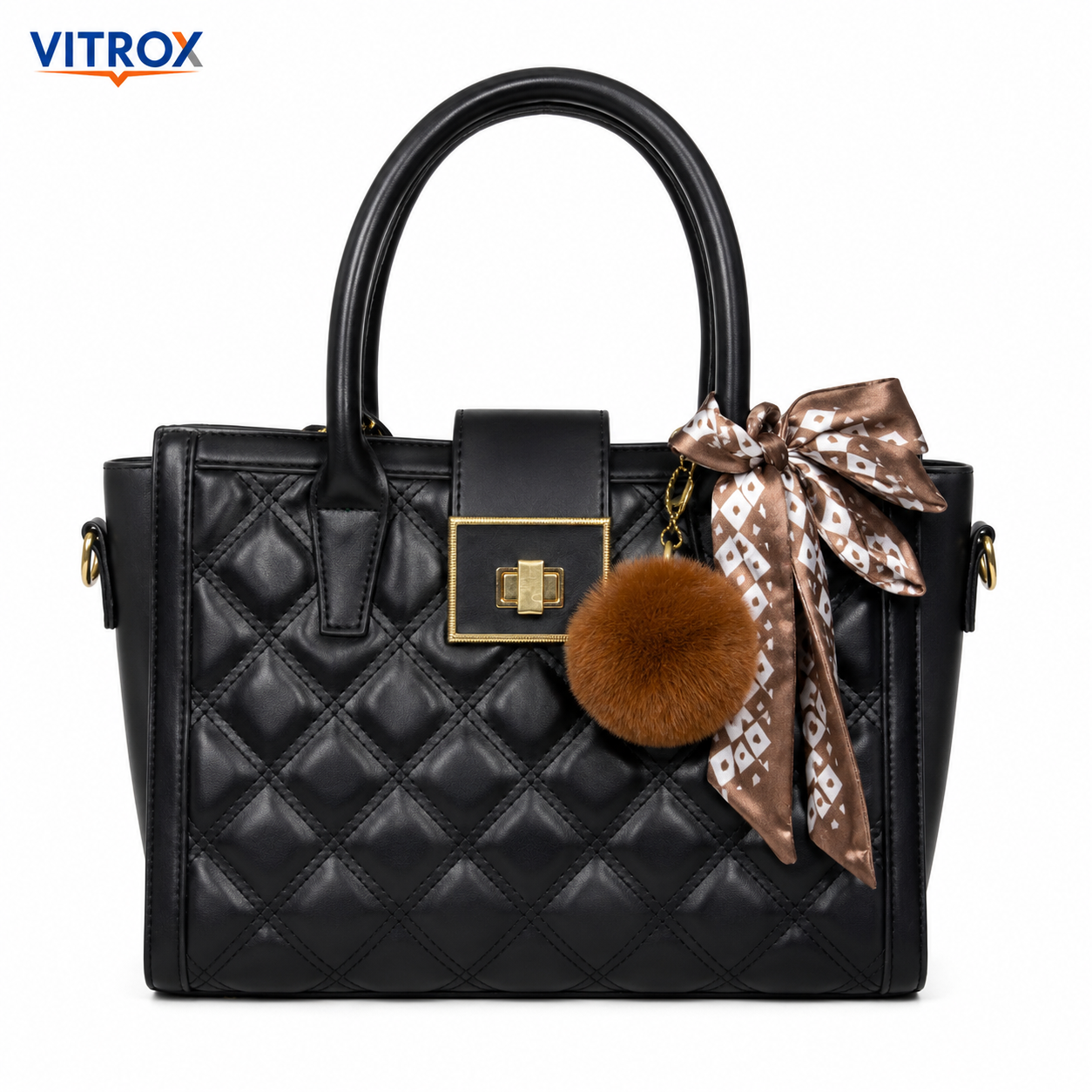 VITROX Elegant Black Quilted Ladies Handbag with Detachable Shoulder Strap