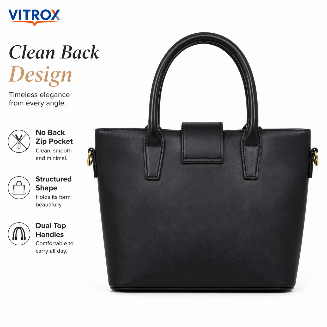 VITROX Elegant Black Quilted Ladies Handbag with Detachable Shoulder Strap