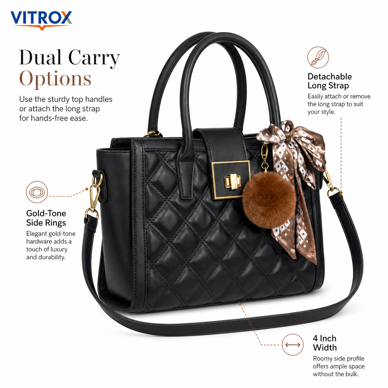 VITROX Elegant Black Quilted Ladies Handbag with Detachable Shoulder Strap