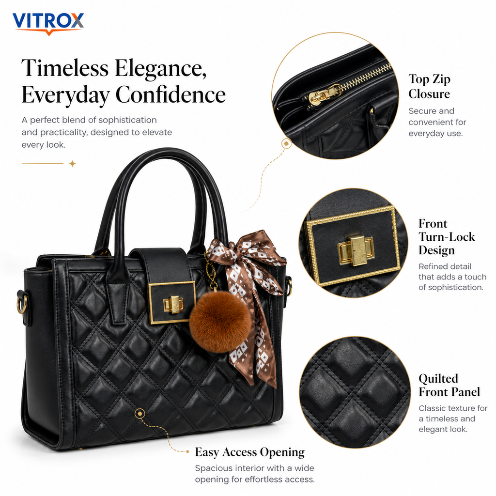 VITROX Elegant Black Quilted Ladies Handbag with Detachable Shoulder Strap