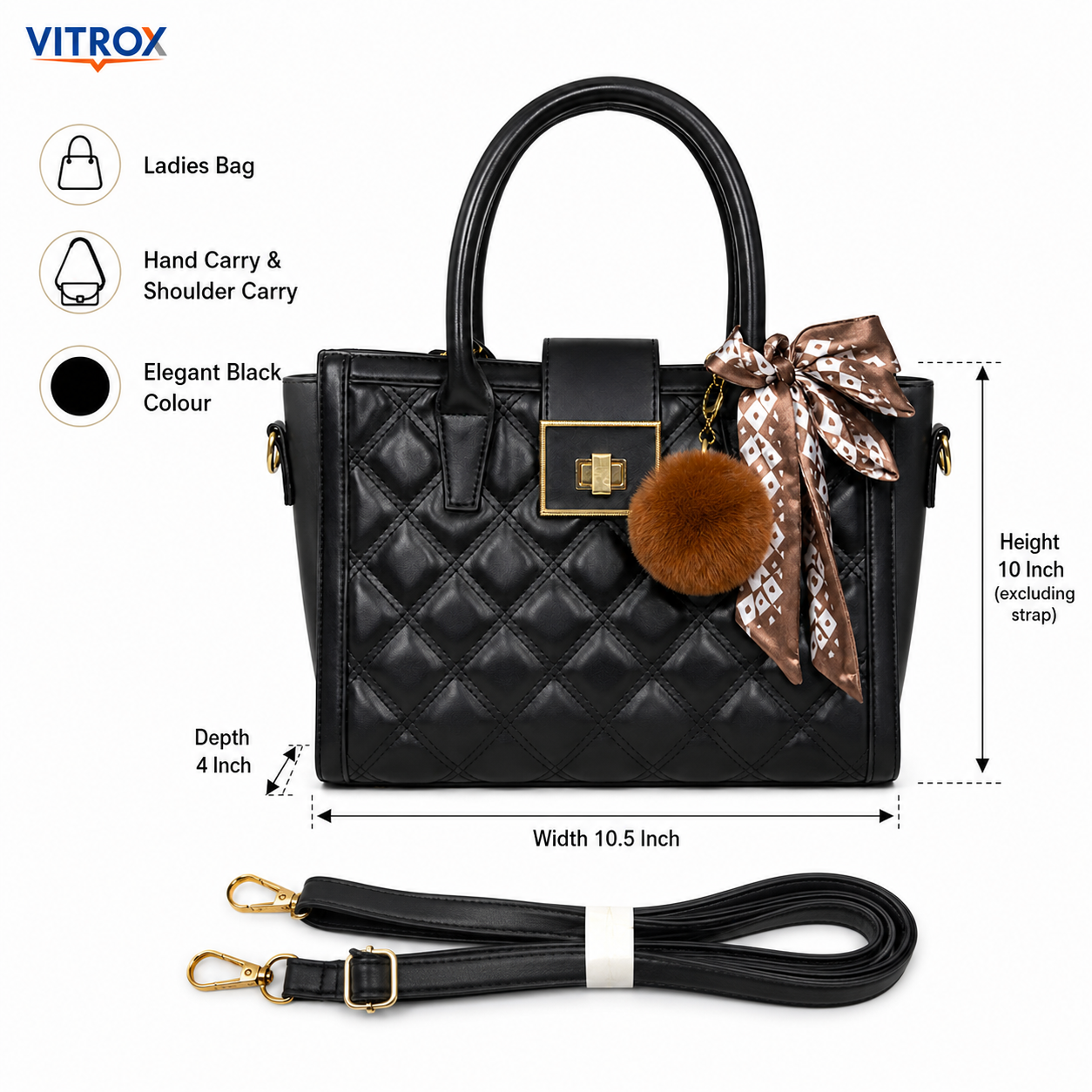 VITROX Elegant Black Quilted Ladies Handbag with Detachable Shoulder Strap