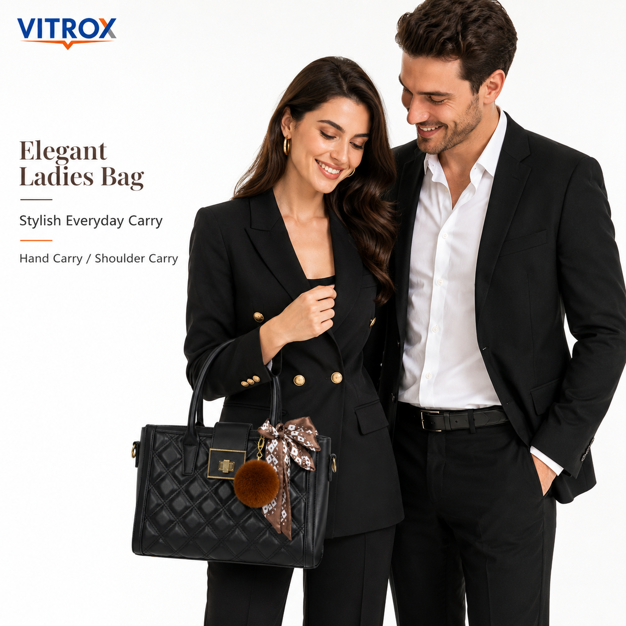 VITROX Elegant Black Quilted Ladies Handbag with Detachable Shoulder Strap