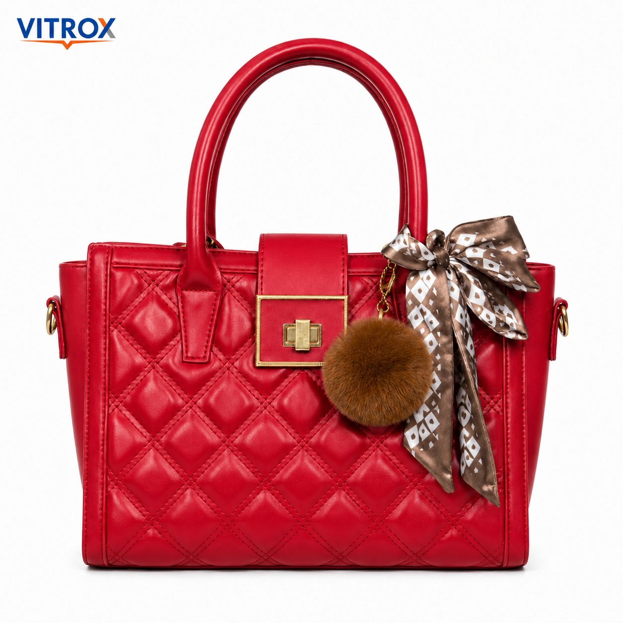 Vitrox Elegant Red Quilted Ladies Handbag with Detachable Shoulder Strap, Scarf & Pom-Pom Charm