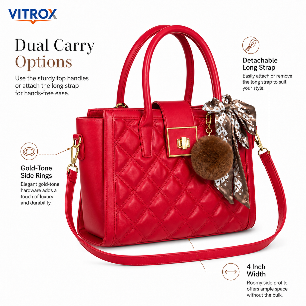 Vitrox Elegant Red Quilted Ladies Handbag with Detachable Shoulder Strap, Scarf & Pom-Pom Charm