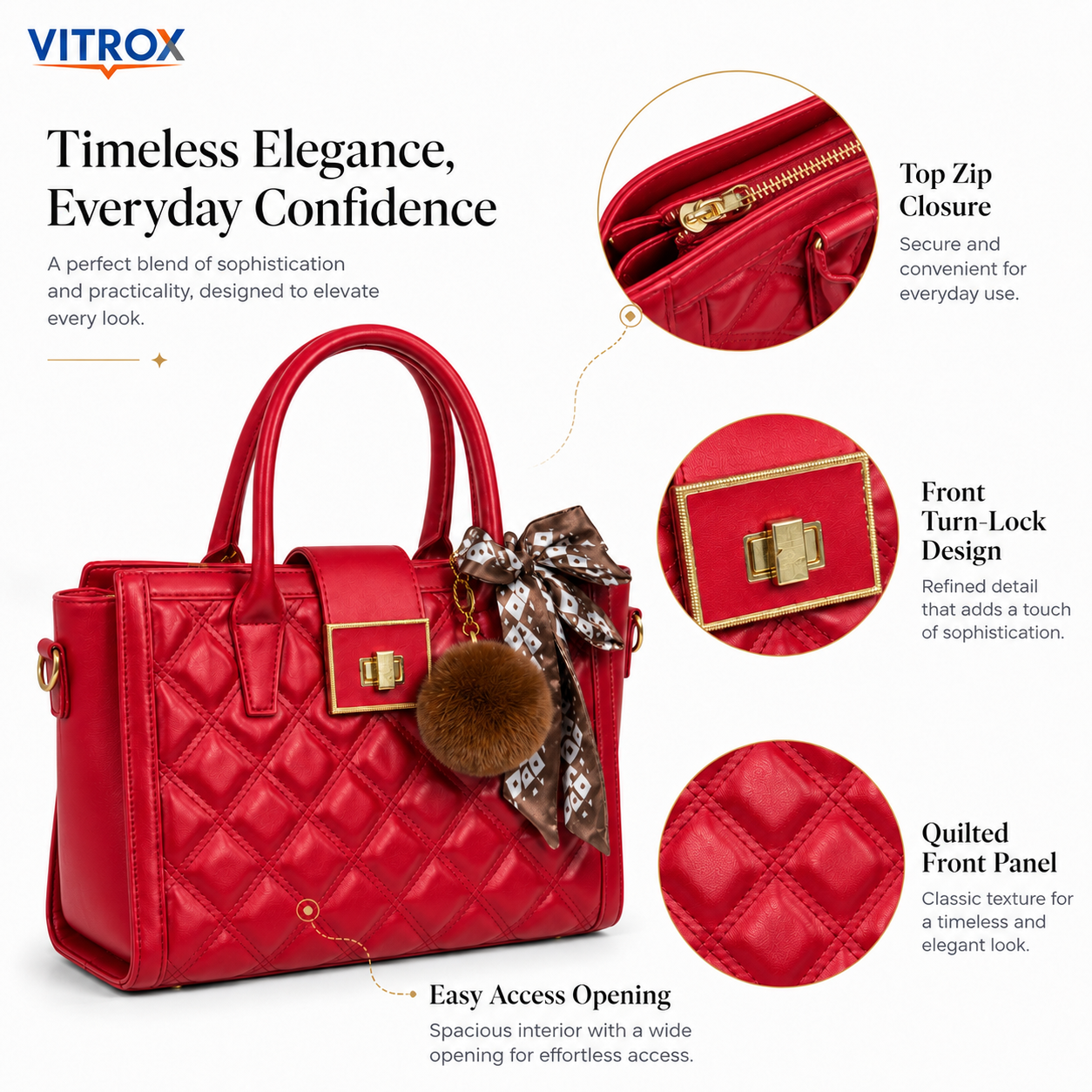 Vitrox Elegant Red Quilted Ladies Handbag with Detachable Shoulder Strap, Scarf & Pom-Pom Charm