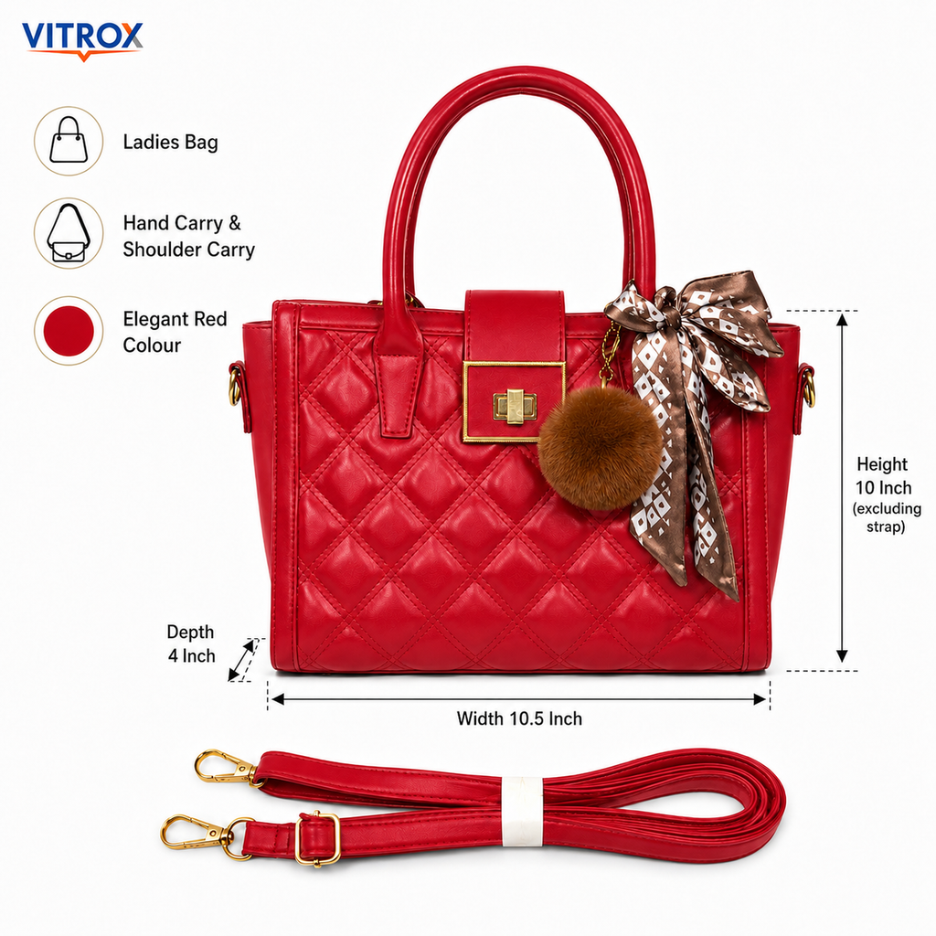 Vitrox Elegant Red Quilted Ladies Handbag with Detachable Shoulder Strap, Scarf & Pom-Pom Charm