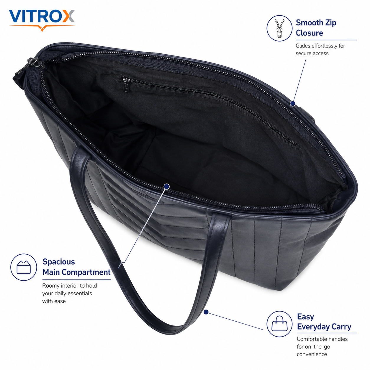 Vitrox Women’s Black Quilted Tote Handbag with Zip Closure & Shoulder Strap – Stylish Everyday Ladies Bag