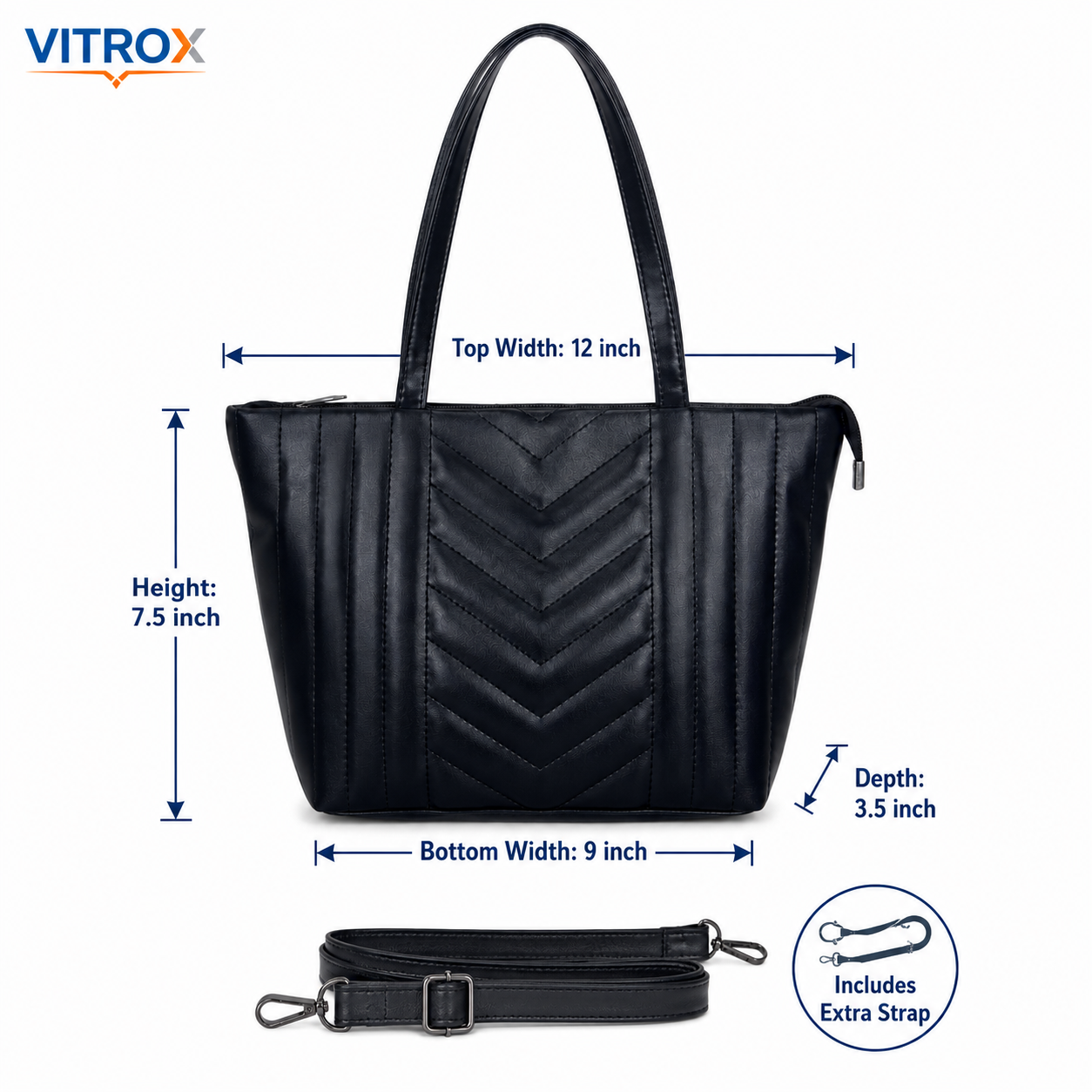 Vitrox Women’s Black Quilted Tote Handbag with Zip Closure & Shoulder Strap – Stylish Everyday Ladies Bag