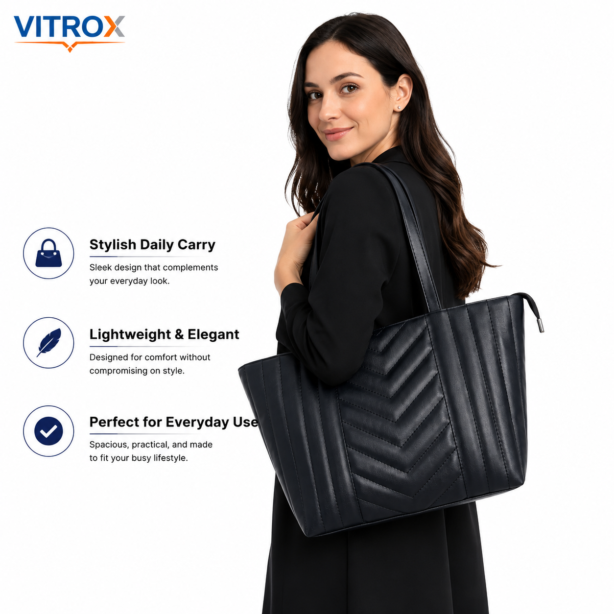 Vitrox Women’s Black Quilted Tote Handbag with Zip Closure & Shoulder Strap – Stylish Everyday Ladies Bag