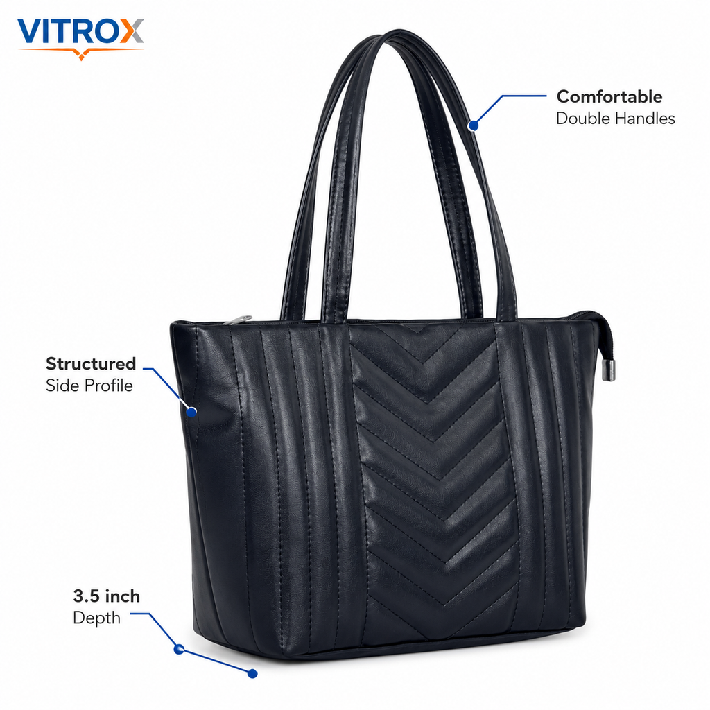 Vitrox Women’s Black Quilted Tote Handbag with Zip Closure & Shoulder Strap – Stylish Everyday Ladies Bag