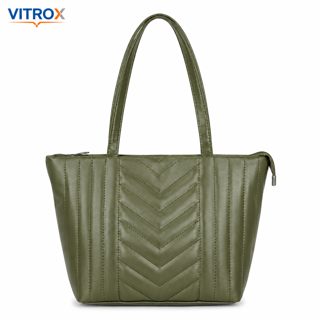 Vitrox Women’s Olive Green Quilted Tote Handbag with Zip Closure & Additional Strap