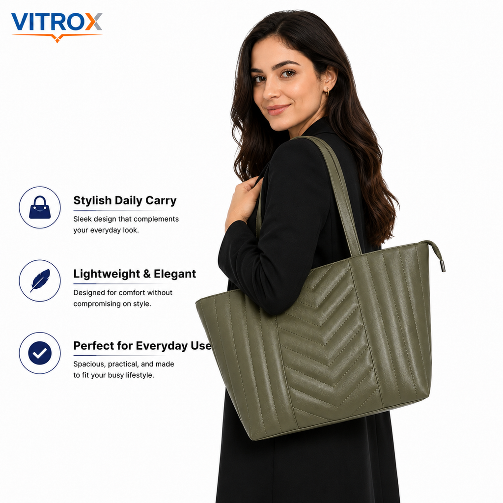 Vitrox Women’s Olive Green Quilted Tote Handbag with Zip Closure & Additional Strap