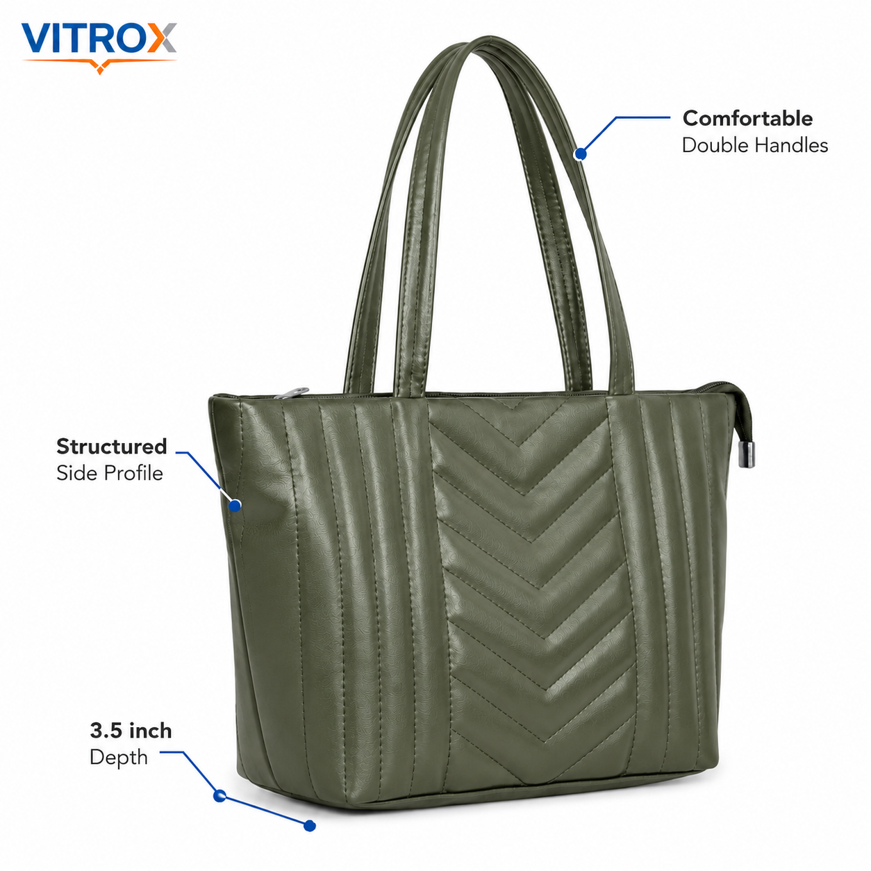 Vitrox Women’s Olive Green Quilted Tote Handbag with Zip Closure & Additional Strap