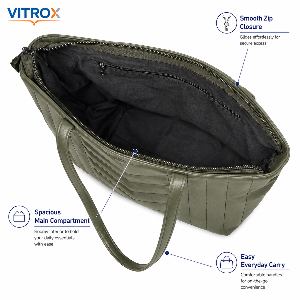 Vitrox Women’s Olive Green Quilted Tote Handbag with Zip Closure & Additional Strap