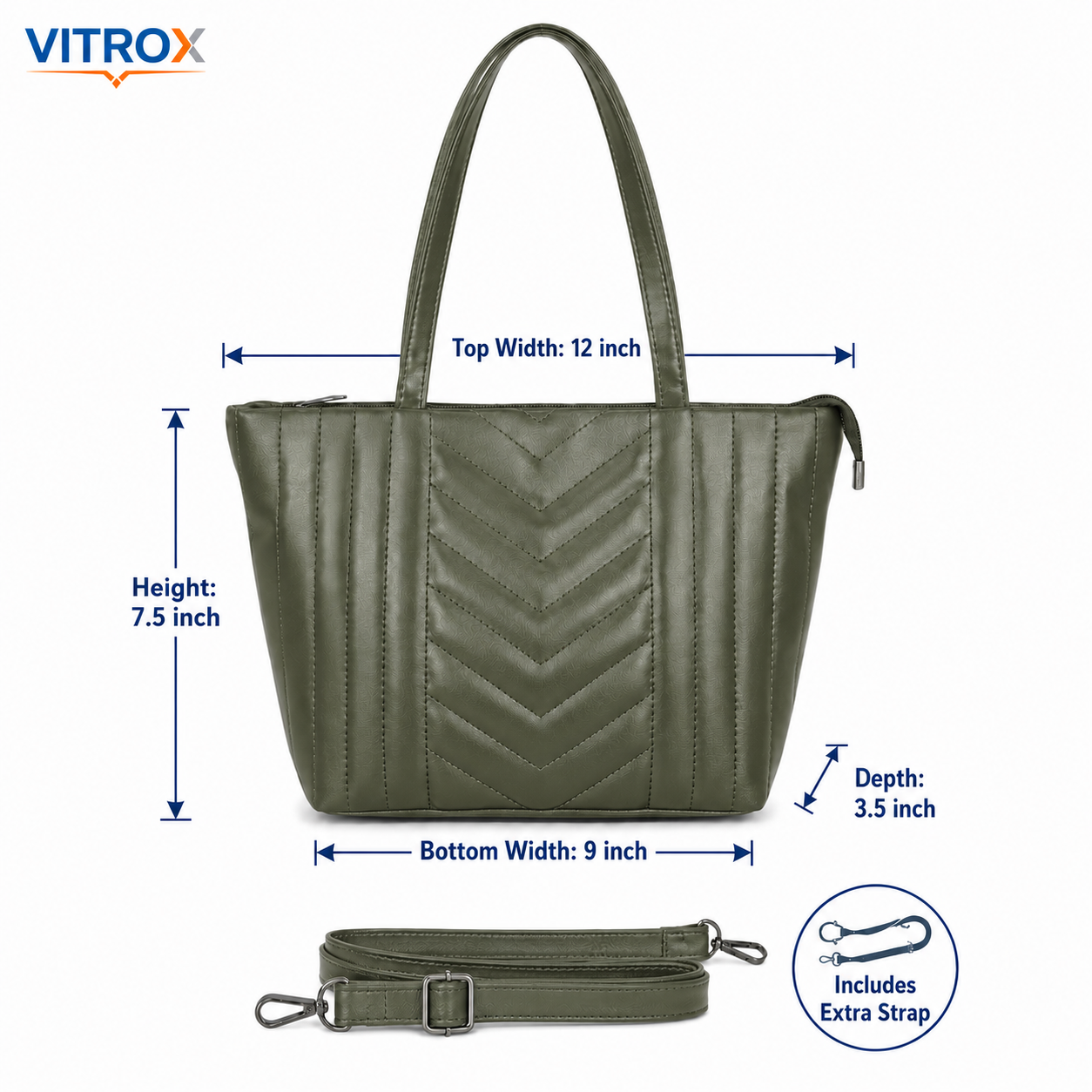 Vitrox Women’s Olive Green Quilted Tote Handbag with Zip Closure & Additional Strap