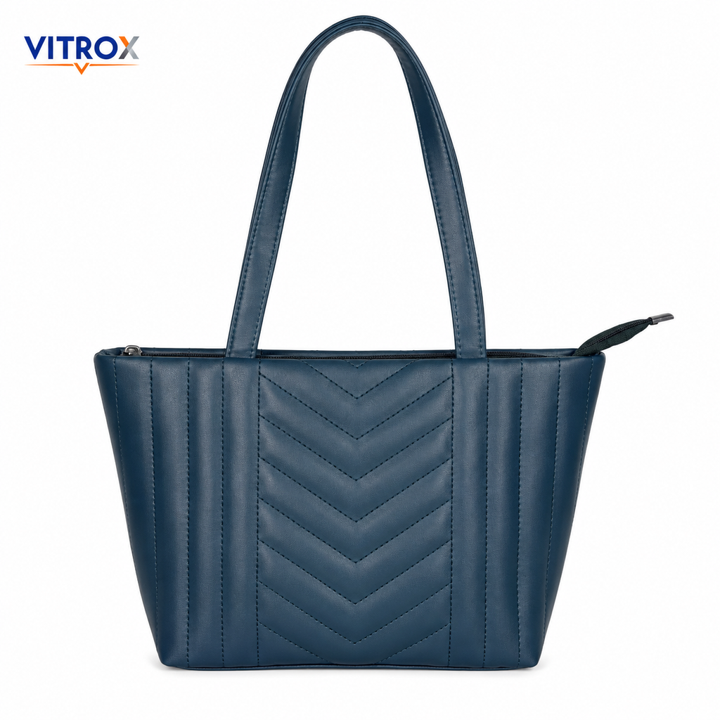 Vitrox Ladies Tote Bag – Dark Teal Blue Quilted Shoulder Handbag with Top Zip Closure