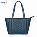 Vitrox Ladies Tote Bag – Dark Teal Blue Quilted Shoulder Handbag with Top Zip Closure
