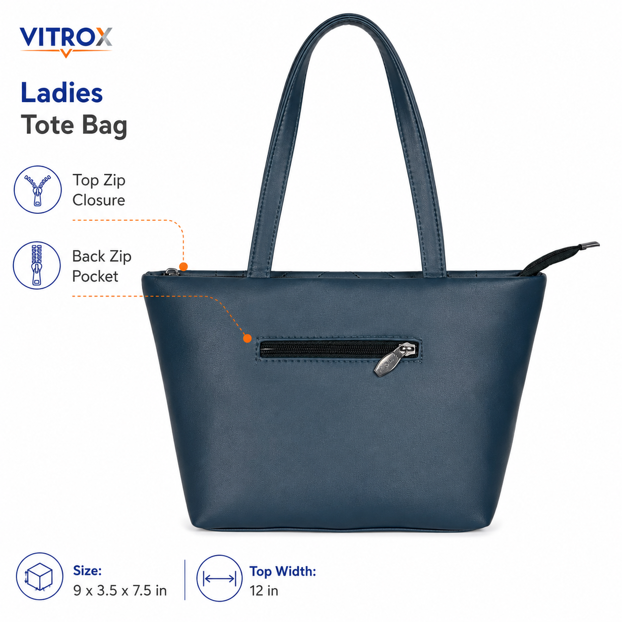 Vitrox Ladies Tote Bag – Dark Teal Blue Quilted Shoulder Handbag with Top Zip Closure