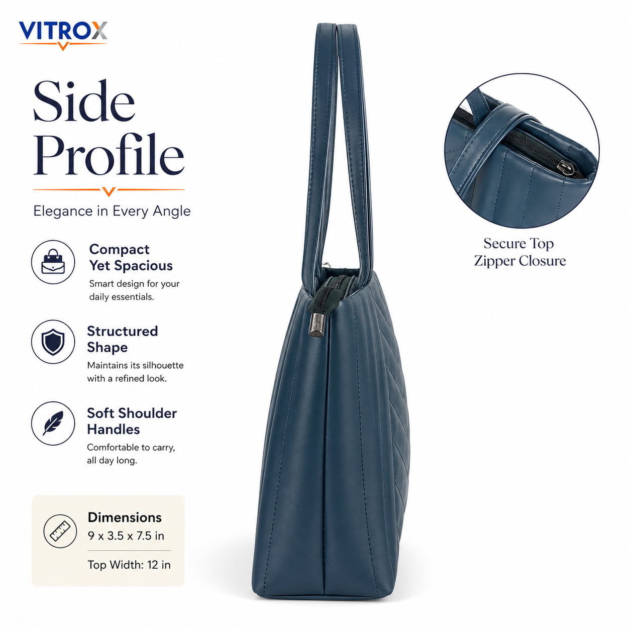 Vitrox Ladies Tote Bag – Dark Teal Blue Quilted Shoulder Handbag with Top Zip Closure