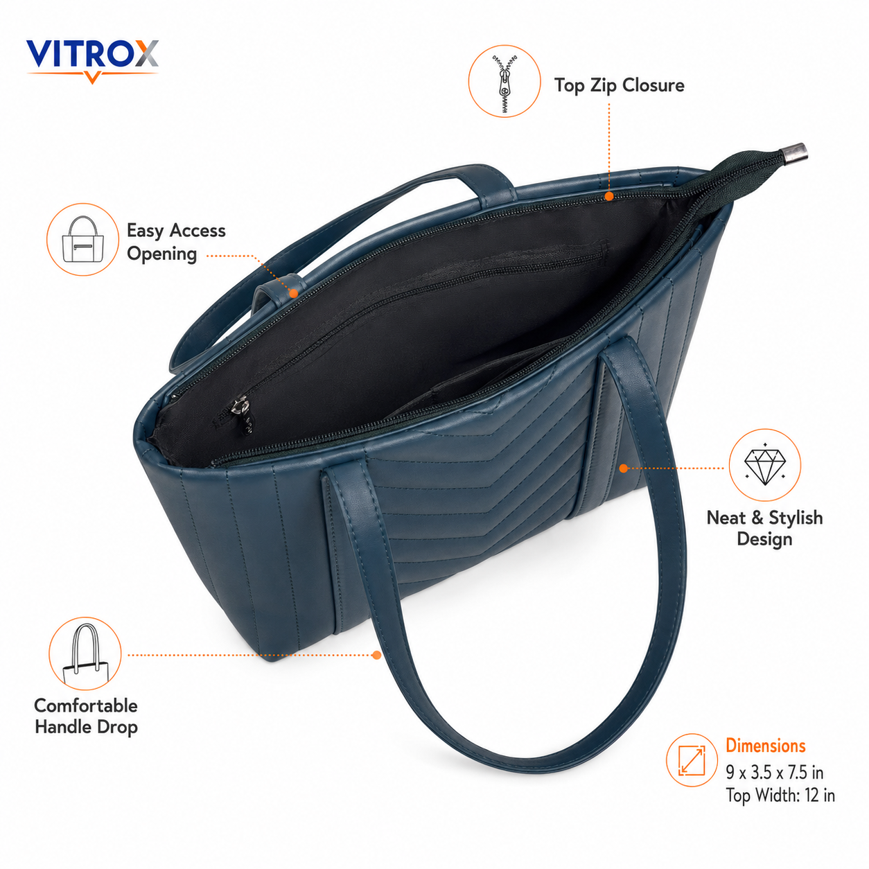 Vitrox Ladies Tote Bag – Dark Teal Blue Quilted Shoulder Handbag with Top Zip Closure